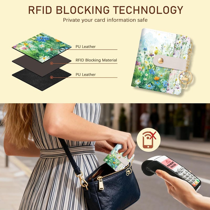 Jogjam Floral Green Rfid Ladies Wallet, Small Slim Thin Compact Credit Card Women Wallet, Spring Flowers PU Leather Bifold Cash Zipper Coin Pocket ID Window for Female - Image 3